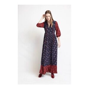 Warm Silk Maxi Dress in Blue and Cranberry NWT